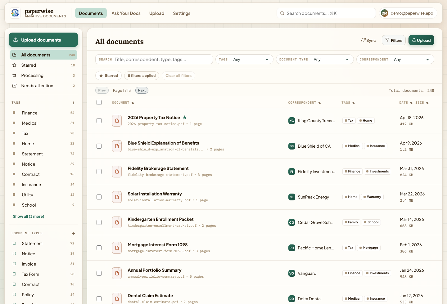 Paperwise document library - sortable, filterable view across 248 documents