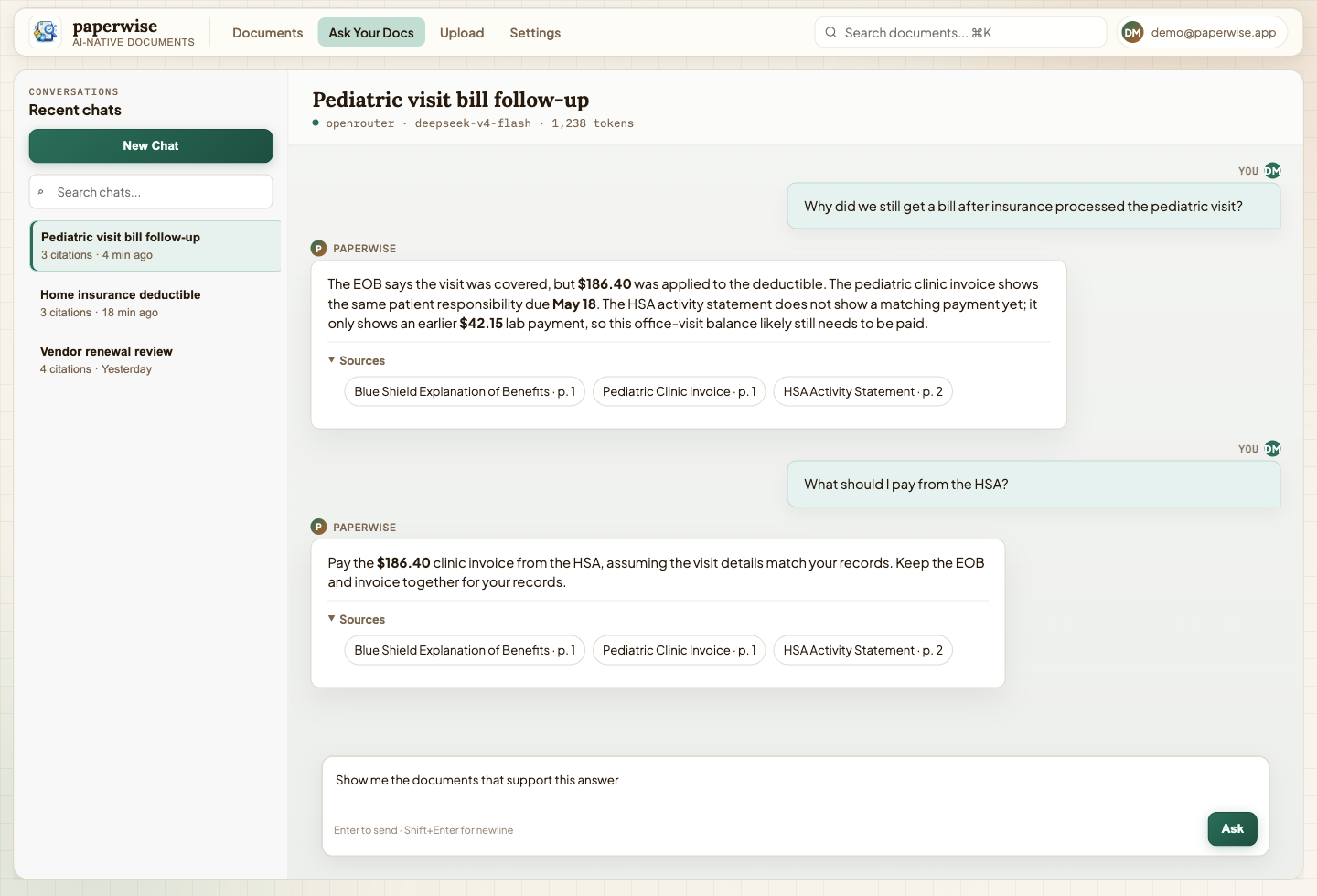 Paperwise answering a medical bill question with three cited sources