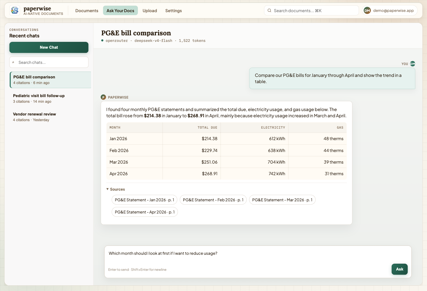 Paperwise showing a four-month PG&E comparison table