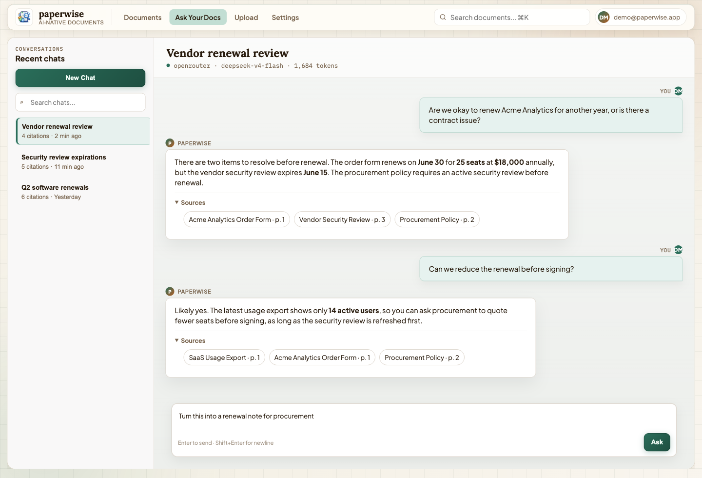 Paperwise answering a vendor renewal question across four sources