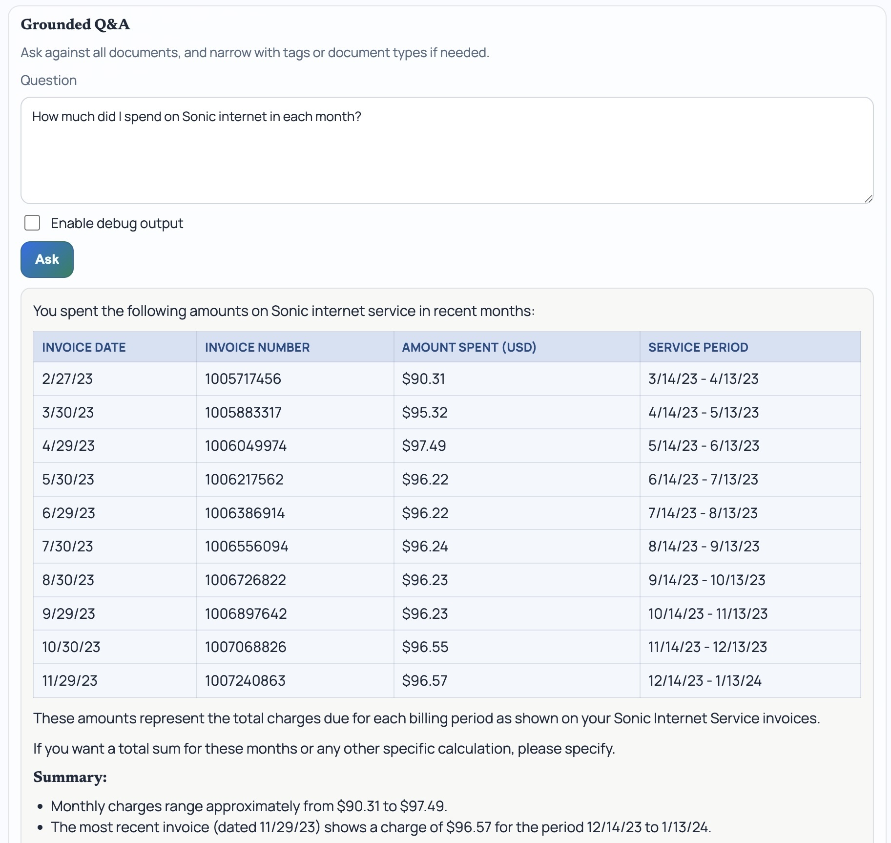 Billing grounded answer screenshot